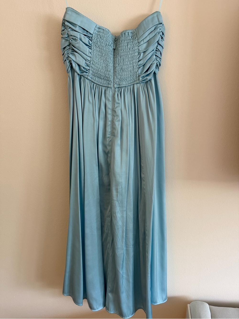 Satin Emerson Ruched Strapless Midi Dress in Blue - Picture 5 of 7